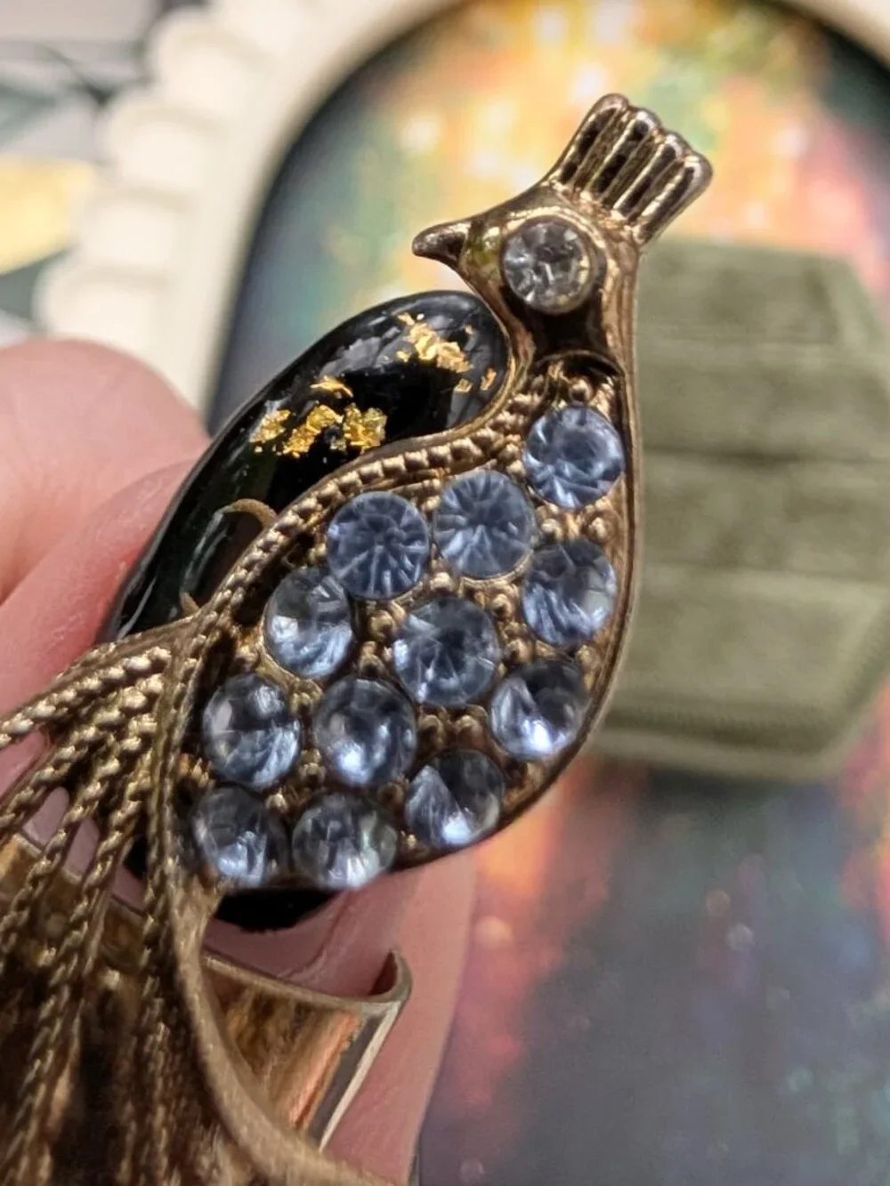 Vintage Peacock Statement Ring with Rhinestones, size 8